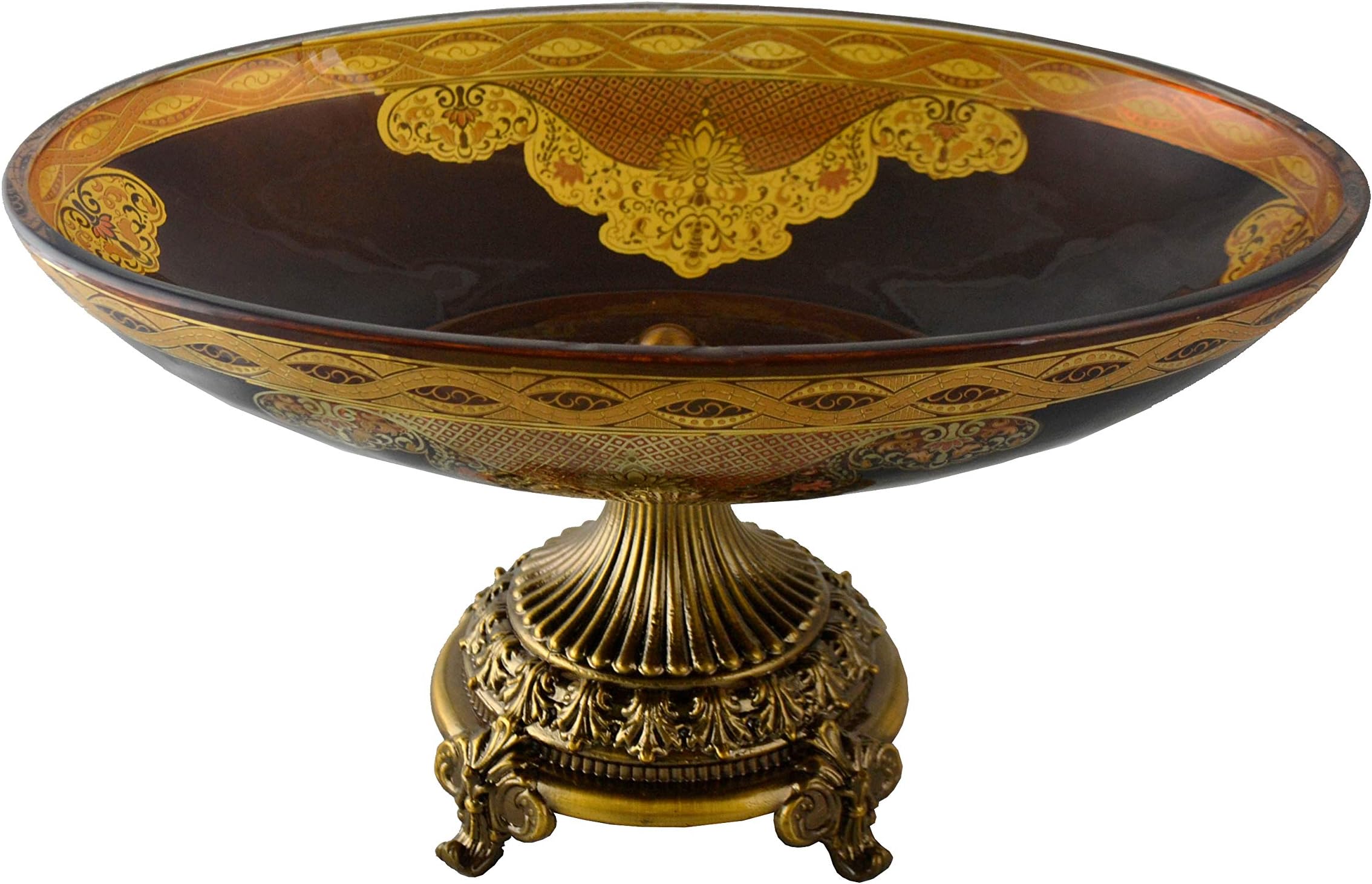 IMPORTED GIFT DEPOT Oval Glass Bowl Centerpiece, Base Made Out of Solid Brass, Brown & Amber Colored Bowl for Home Or Office Decoration Fine Craftsmanship