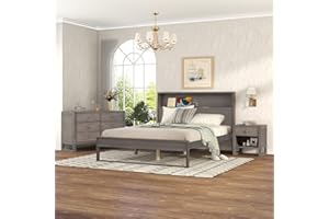 CITYLIGHT 3 Piece Queen Bedroom Set, Wood Queen Size Platform Bed with USB Port, One Nightstand and 6 Drawers Dresser, Queen Bedroom Furniture Set for Kids Teens Adults, Antique Grey