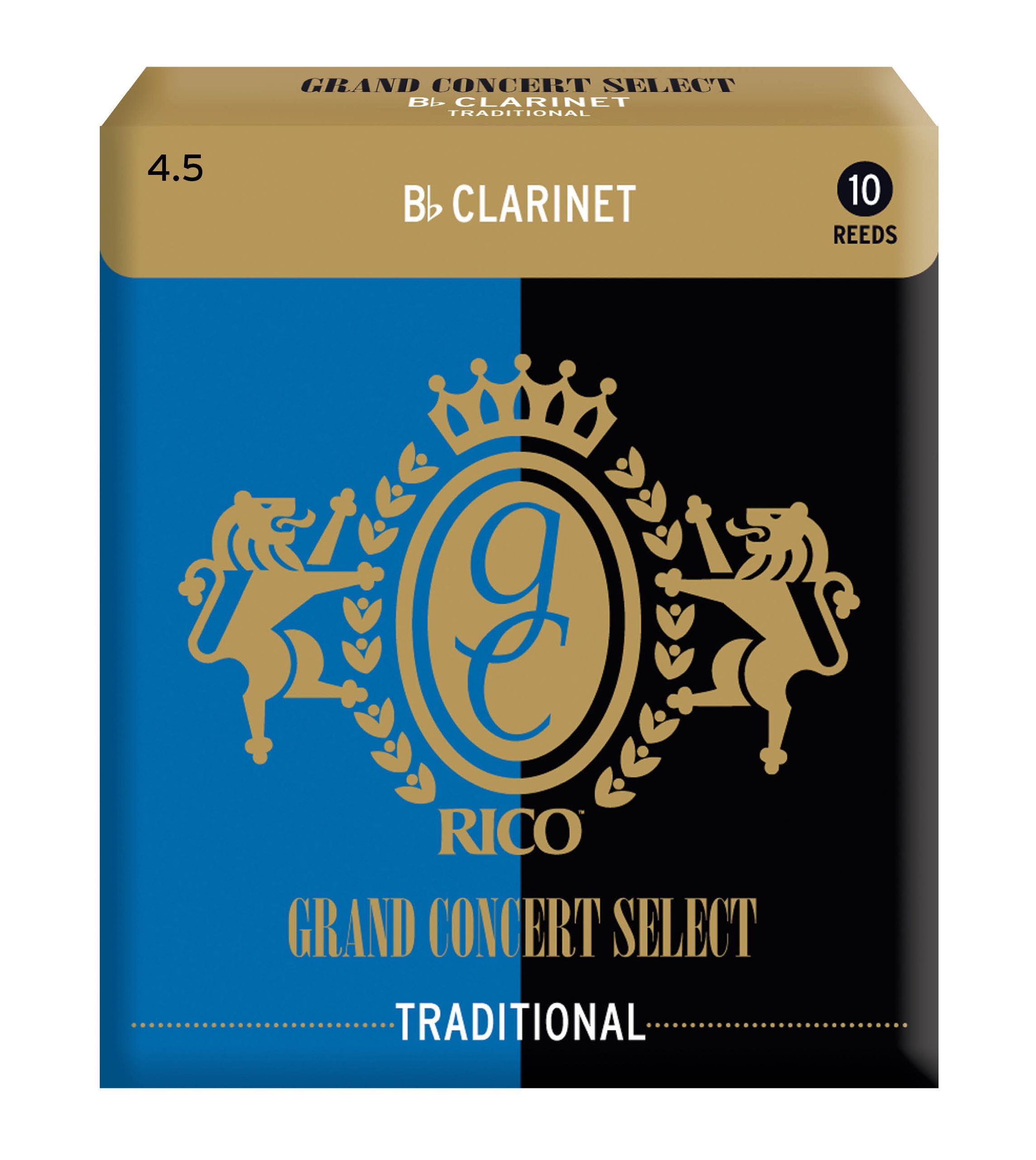 Rico Bb Clarinet Reeds - Grand Concert Select Traditional Reeds for Clarinet - Balanced Spine & Tip with Traditional Shape - Clarinet Reeds 4.5 Strength, 10-Pack