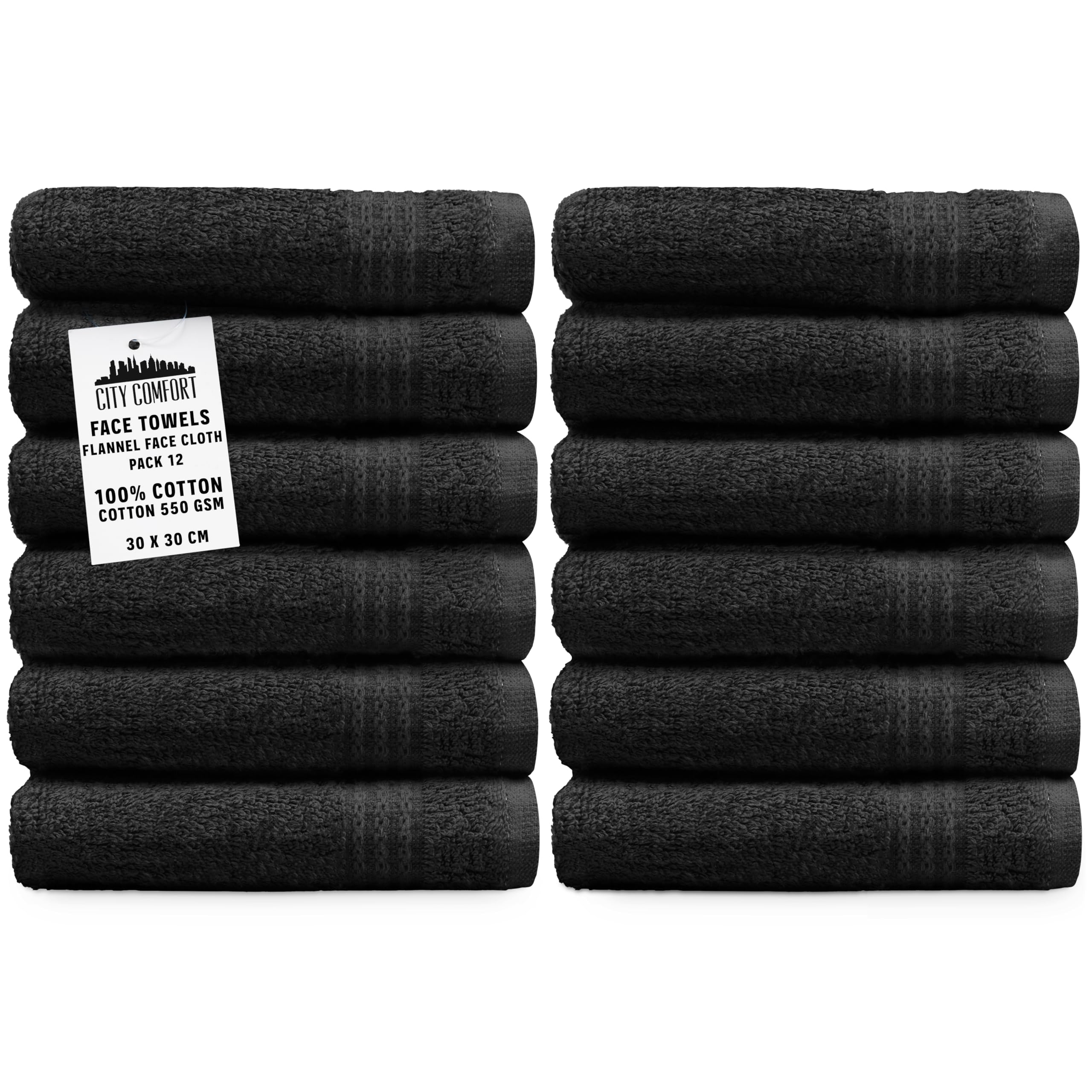 CityComfort Flannels Pack of 12 Face Towels 100% Cotton 550 GSM 30x30cm Highly Absorbent Soft Wash Cloth Household Essentials (Grey - 12 Pack)