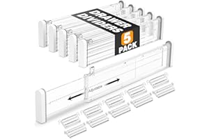 HiYZ Expandable Drawer Dividers with Inserts - 2.36'' High Adjustable Drawer Organizers Separators for Kitchen, Bedroom, Dresser, Office, 5 Long Dividers(12.6-22.8'') with 10 Inserts(3.9-7.1'')-Clear