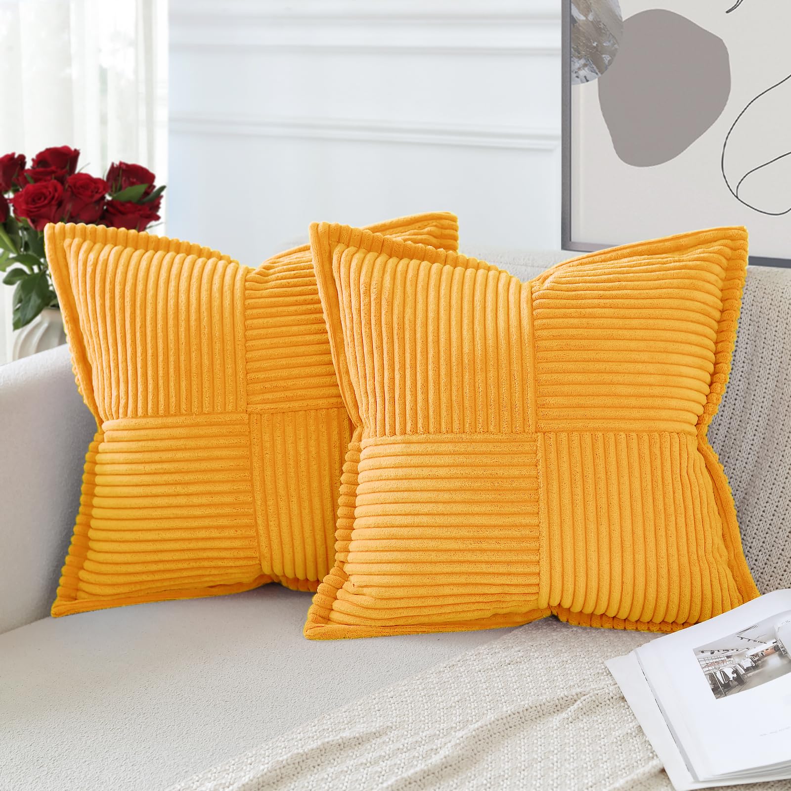 Artscope Corduroy Cushion Covers Pack of 2 Modern Patchwork Throw Pillow Covers Soft Pillowcase Broadside Decorative Textured Cushions for Home decor Sofa Bedroom Couch Yellow 50x50cm — image 1