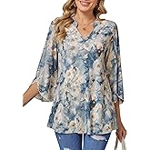 BAISHENGGT Women's Dressy Tops 3/4 Bell Sleeve Elegant V Neck Double Layers Mesh Blouses Tunic Tops
