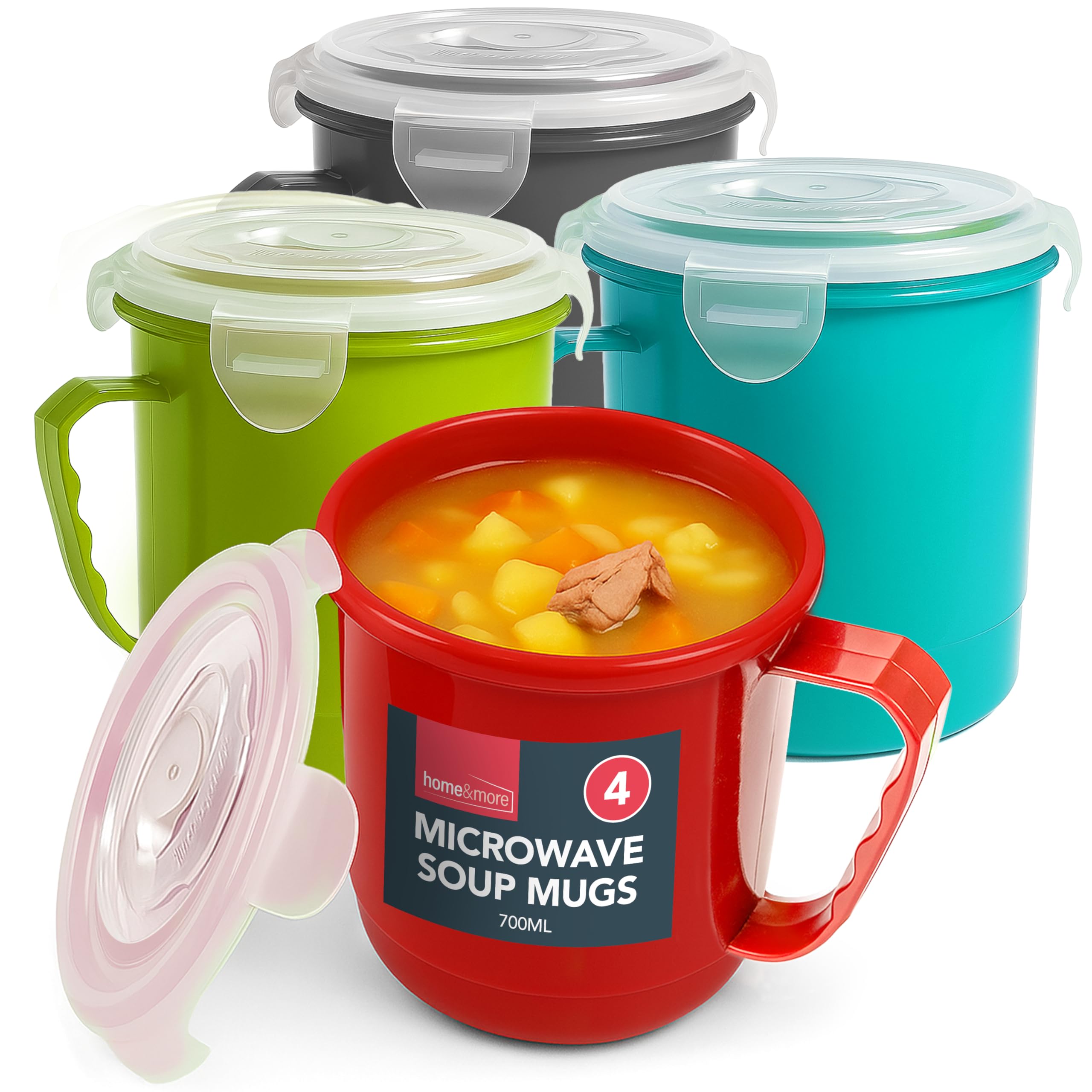 SOL 4pk Microwave Soup Mugs 700ml – Plastic Soup Containers with Handles and Lids – Stackable Bowls for Reheating and Serving – Ideal for Home, Office or School – Microwave & Dishwasher Safe