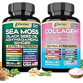 Parrox Radiant Wellness Bundle -Sea Moss, Black Seed Oil, Ashwagandha, Ginger, Collagen Types I II III V X, Biotin, Keratin, Hyaluronic Acid, Burdock Root, Turmeric, Vitamin D3, Magnesium, MSM, Folate