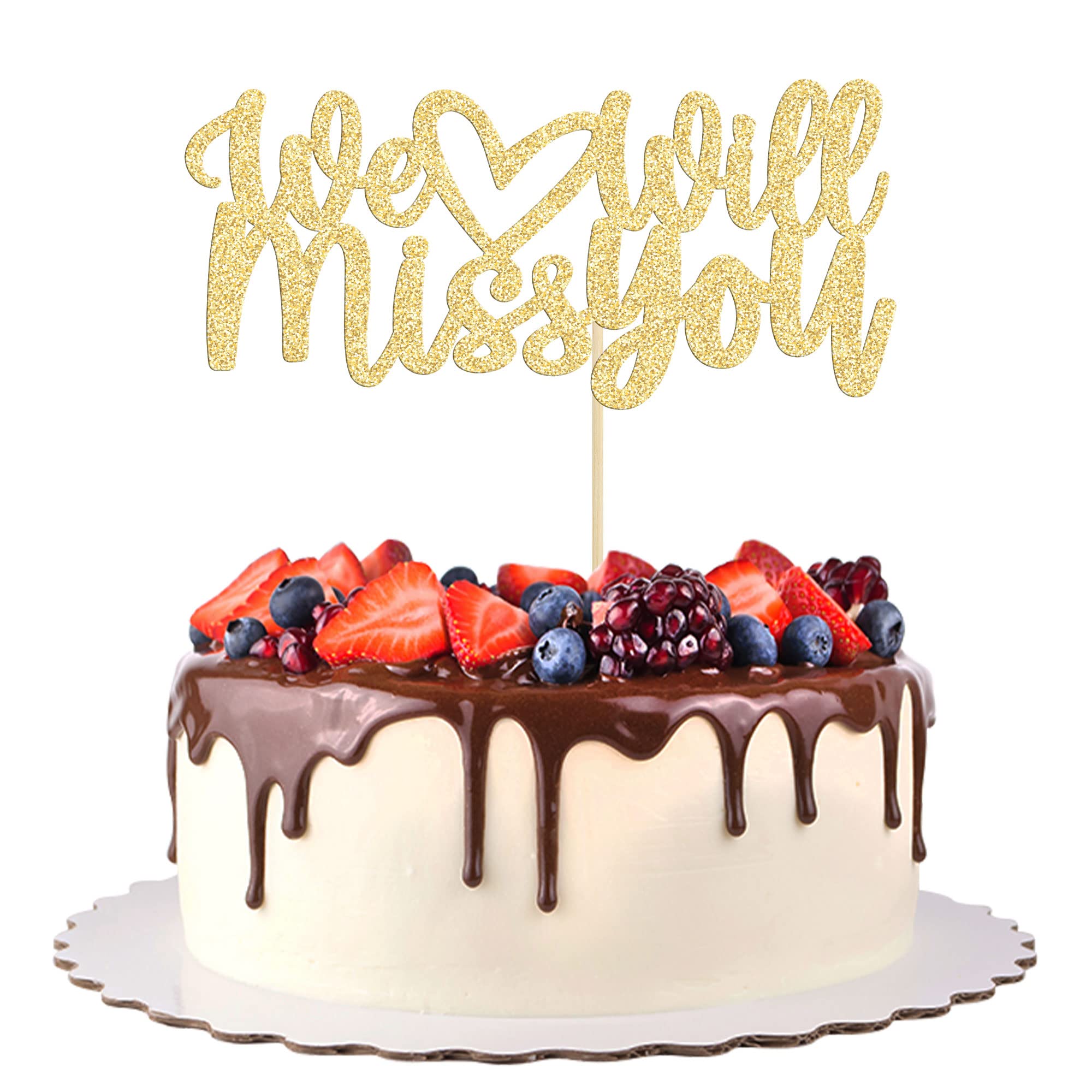 Gyufise 1Pc Gold Glitter We Will Miss You Cake Topper for Job Change Farewell Retirement Graduation Party Cake Decorations