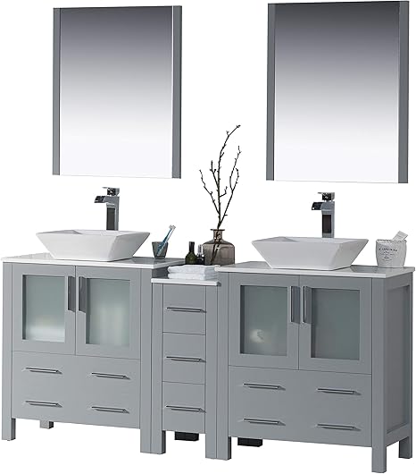 Amazon Com Blossom Sydney 72 Inches Double Vessel Sink Bathroom Vanity Side Cabinet Vessel Ceramic Sink With Mirror All Wood Metal Grey 001 72 15d 1616v Kitchen Dining