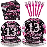 Greencian 96Pcs 13th Birthday Party Decorations Black and Hot Pink Paper Plates and Napkins Diamond Official Teen Disposable Paper Tableware Set for Girls 13 Year Old Birthday Party Supplies Serves 24