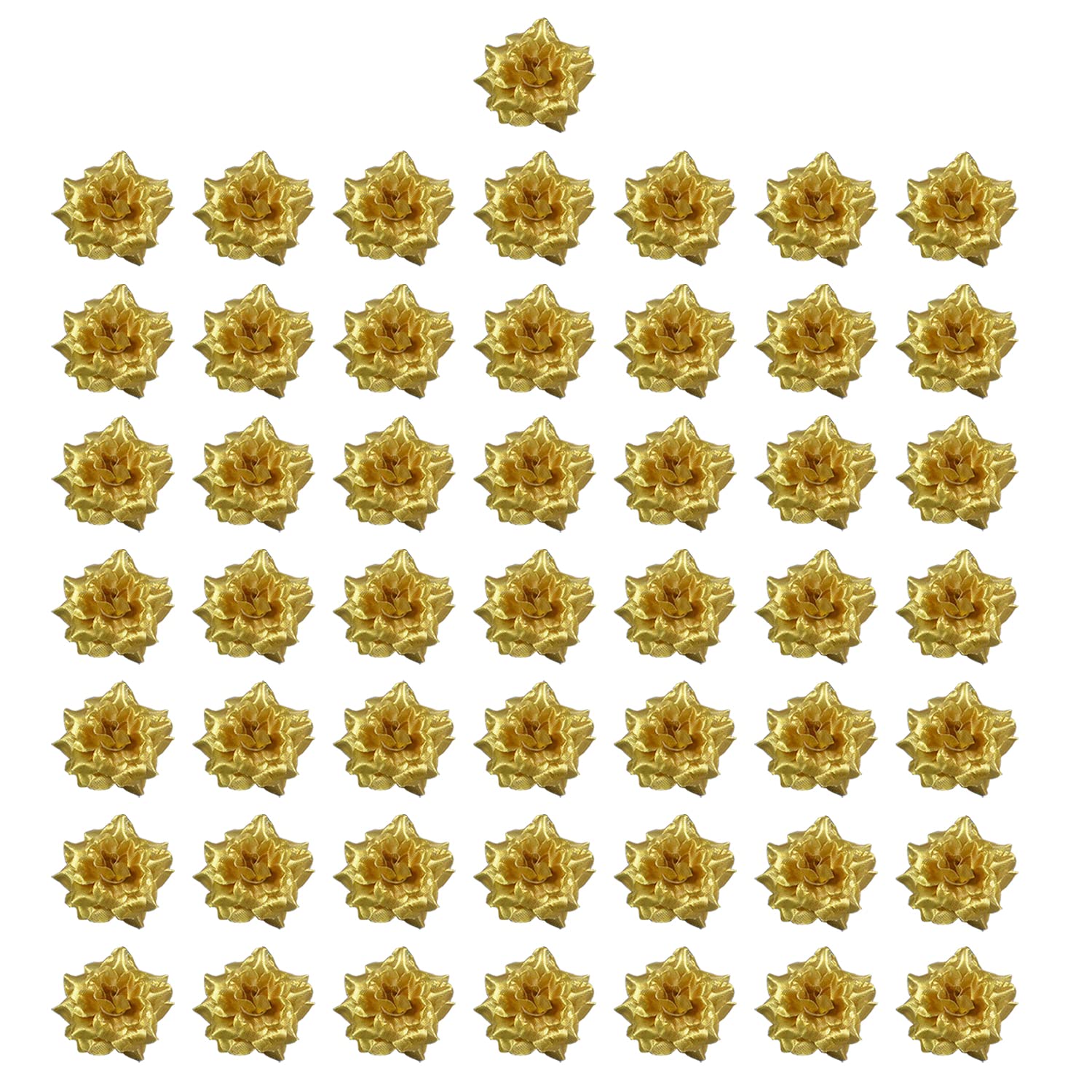 GERUI Pack of 50 Artificial Flowers, Flower Heads, Artificial Flowers Rose Heads Fabric Roses Decorative Flowers, Craft Table Decoration, Wedding, Christening, Communion, Flowers Appliqués (Gold)