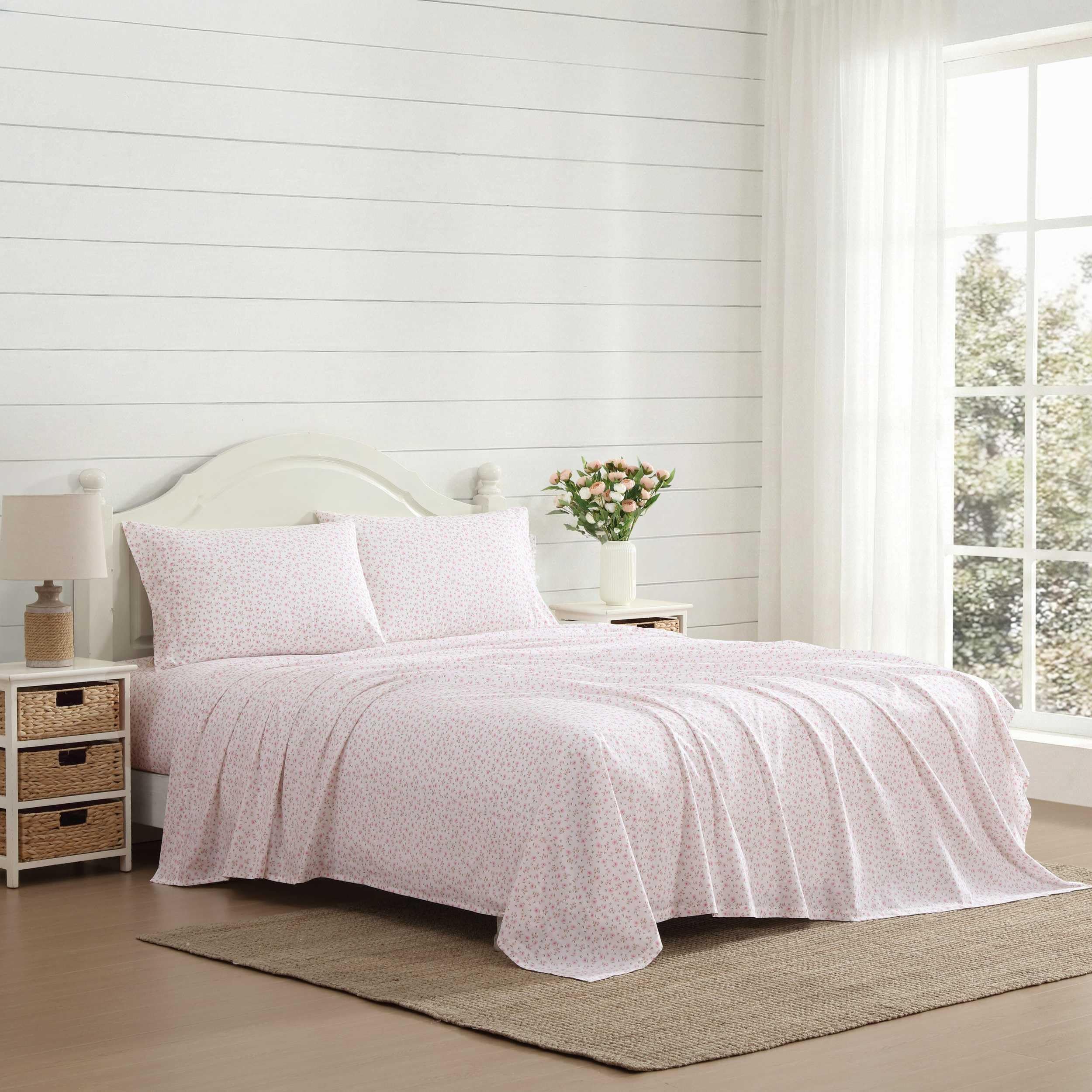 Laura Ashley - Twin Sheet Set, Crisp & Cool Cotton Percale Bedding for Year Round Comfort, Deep Pocket, Bed Sheets with Matching Pillowcase (Little Ditsy Pink) Image
