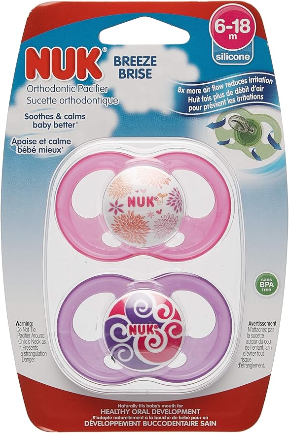 Nuk Breeze 6 18 Months Orthodontic Pacifier Air Flow Pink Purple 2 Pack New Pacifiers Soothers Feeding