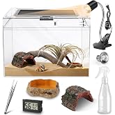 HELIME Reptile Tank 7 Piece Starter Kit with Escape Proof Locking Lid Small | All-in-one Hermit Crab Tank,PC Tarantula Enclosure with Heat Lamp,Digital Thermometer Hygrometer,Hide,Tweezer,Bowl,Sprayer