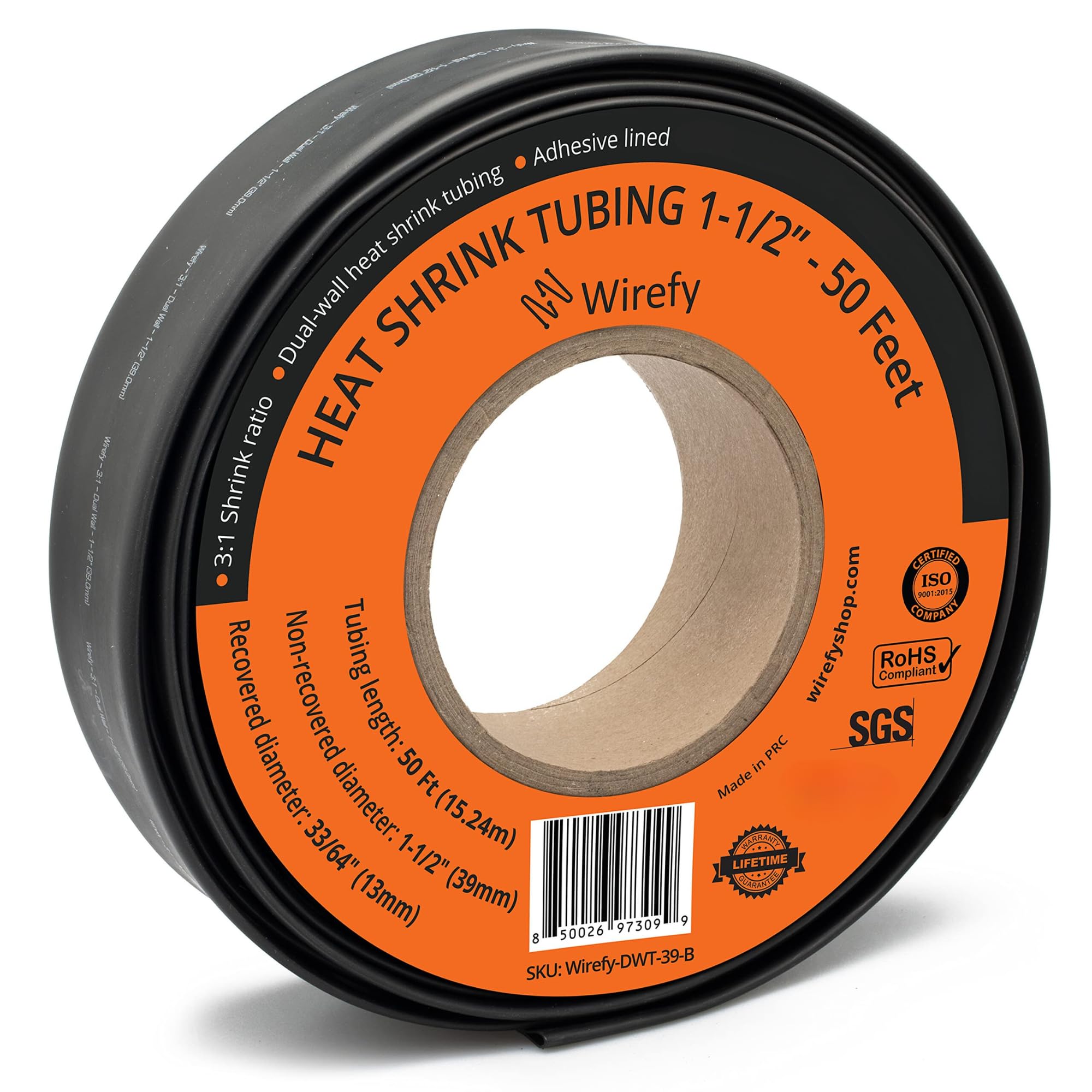 Wirefy | Heat Shrink Tubing - 1-1/2" inch - 3:1 Ratio - Adhesive Dual Wall Waterproof - Heat Shrink Tube - Heatshrink Tubes - Black - 50 Feet Roll | Trusted UL Certification Image