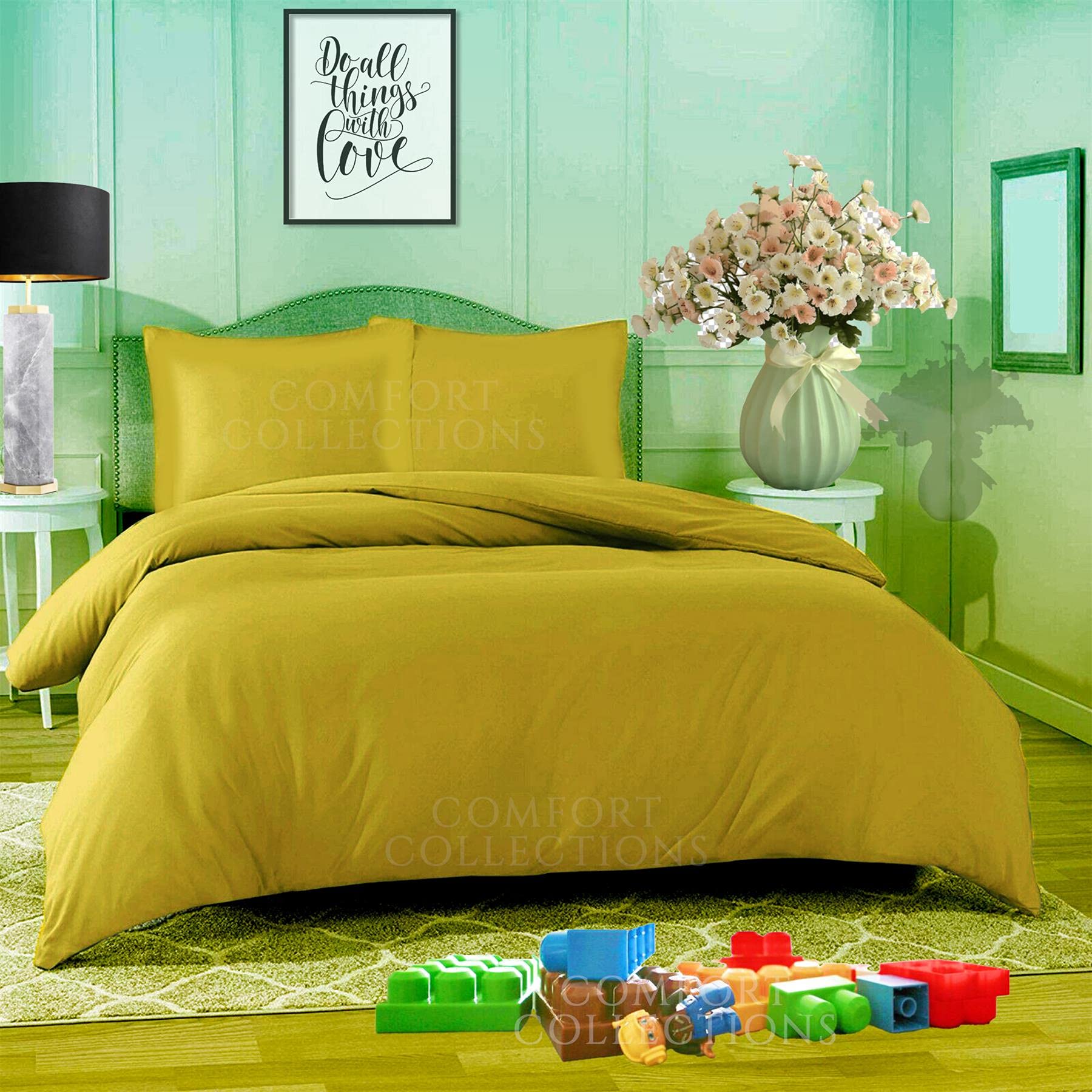 Comfort Collections Duvet Quilt Cover With Matching Pillow Cases Plain Dyed Poly Cotton Easy Care Bedding Set COLOUR MUSTARD DOUBLE