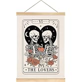 The Lovers Tarot Skeleton Wall Art, Gothic Couple Linen Poster, Alternative Romantic Decor for Bedroom, Romantic Valentine’s Day Wedding Gift , 18x14.5 Inch Wall Hanging Poster(Black-Lovers)