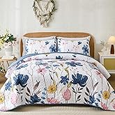 Anibedding Queen Quilt Set, Dark Blue Floral Bedspread Soft Microfiber Lightweight Queen Size Quilt Bedding Sets Flower Coverlet for All Season(Queen, 96"x90")