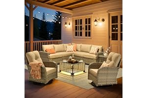 HOOOWOOO Outdoor Sectional Patio Furniture Set,9 Pieces Wicker Conversation Sets L Shaped Couch,Extra Deep Out Door Sofa Outside Furniture with Rocking Chairs,Beige