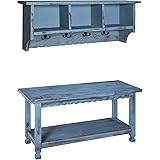 Rustic Cottage Coat Hook and Bench Set, Antique Blue with Distressed Finish, Easy Installation French Cleat, Entryway Storage Cubbies (10"W x 9"D x 7"H), Farmhouse Style Seating for Mudroom