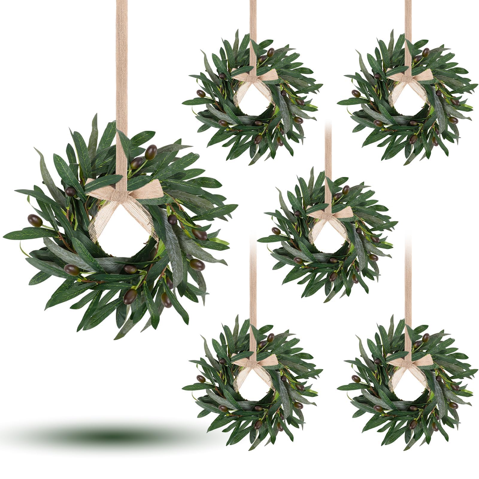 Photo 1 of **PARTIAL SET/MISSING 2** 6 Pcs Artificial Green Olive Wreaths Greenery Wreath with Olive Leaves Mini Green Kitchen Cabinet Wreaths Swag Spring Summer Wreath for Front Door Porch Wall Window Farmhouse Wedding Decoration
