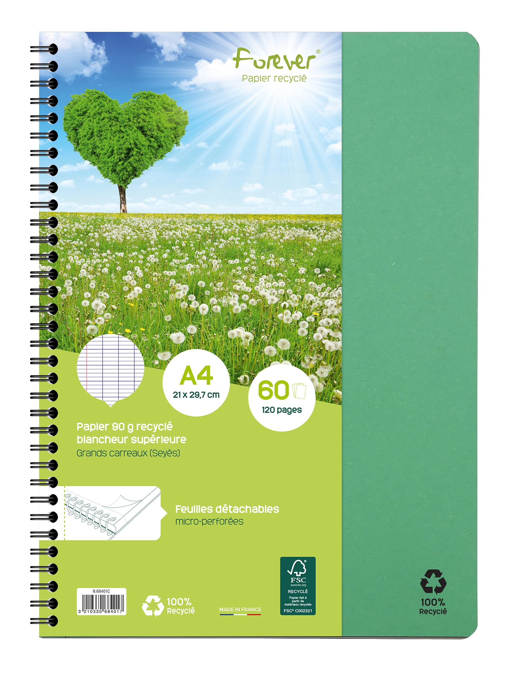 Forever 68401C - 100% Recycled Spiral Notebook (Clairefontaine) - Size: A4 21x29.7 cm - 120 Detachable Seyes Ruled Pages - White Paper 90 g - Card Cover