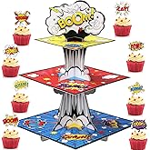 Zopeal 3 Tiers Hero Cupcake Stand with 24 pcs Comic Book Cupcake Toppers Hero Display Dessert Stand Birthday Party Decorations or Boys Baby Shower Action Party Favors Comic Book Birthday Decorations