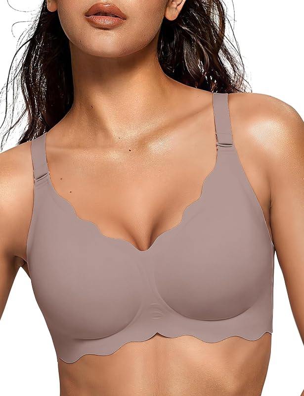 Soutien-Gorge sans Armature Confortable Col V Festonné Marron XL