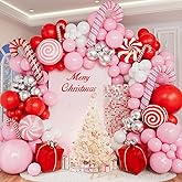 150PCS Christmas Balloon Arch Kit, Pink Red White Silver Balloons Garland with Candy Cane & Lollipop Foil Balloons, Pink Christmas Party Decorations for Xmas Birthday Baby Shower Holiday Decorations