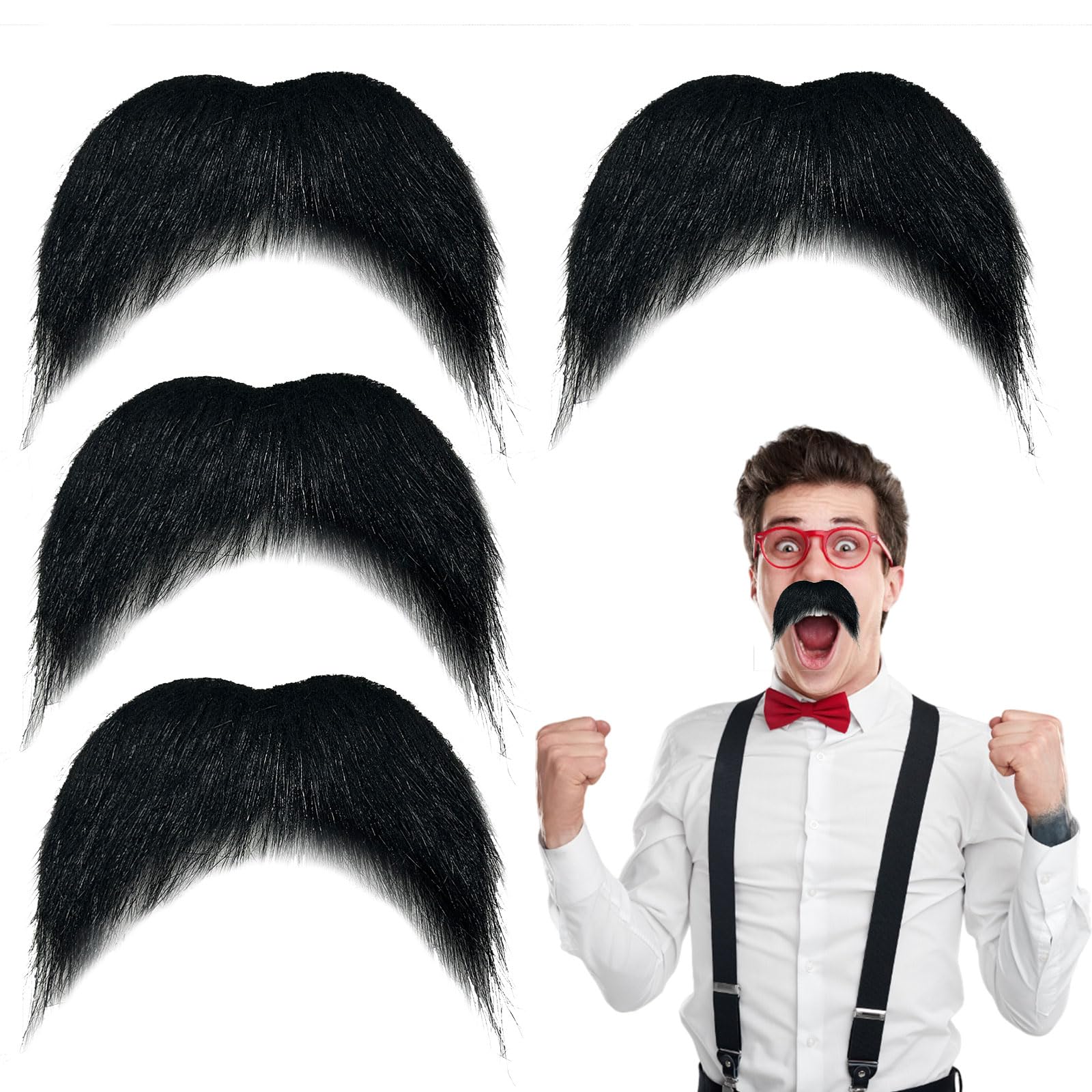 TUONYIS 4 Pcs Self Adhesive Fake Mustaches, Funny Realistic Fake Beard, Novelty False Facial Hair, DIY Self Sticky Beard for Christmas Halloween Costume Cosplay Party Accessory (Black)