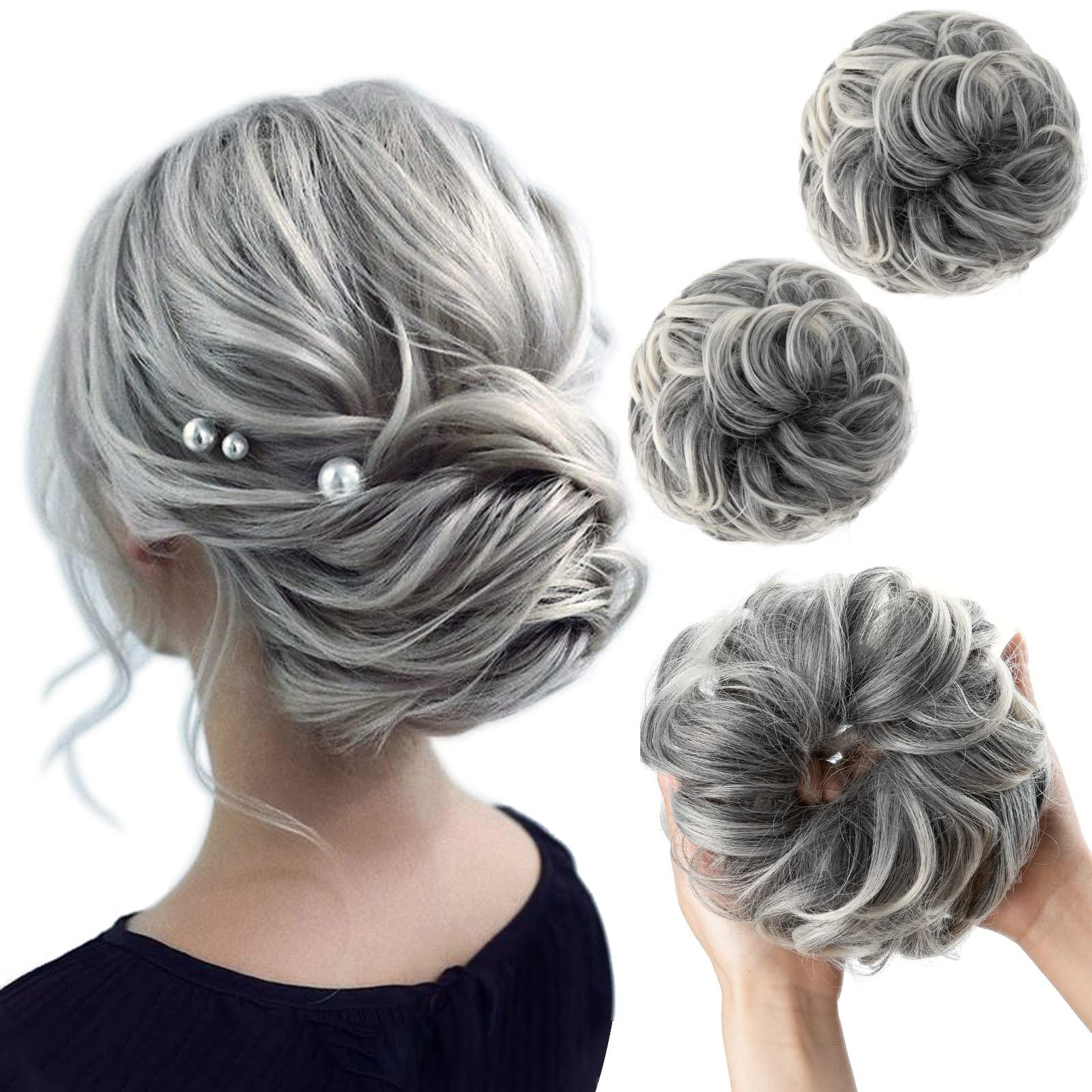 SARLA 2PCS Messy Bun Hair Pieces for Womens Synthetic Scrunchies Buns Extension Hairpieces Updo Pony Tail Salt and Pepper
