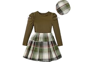 SODLON Girls Clothes Kids Fall Winter Outfits Puff Sleeve Top Girls Plaid Skirt Sets Casual Tween Girl Dresses Size 5-12Y
