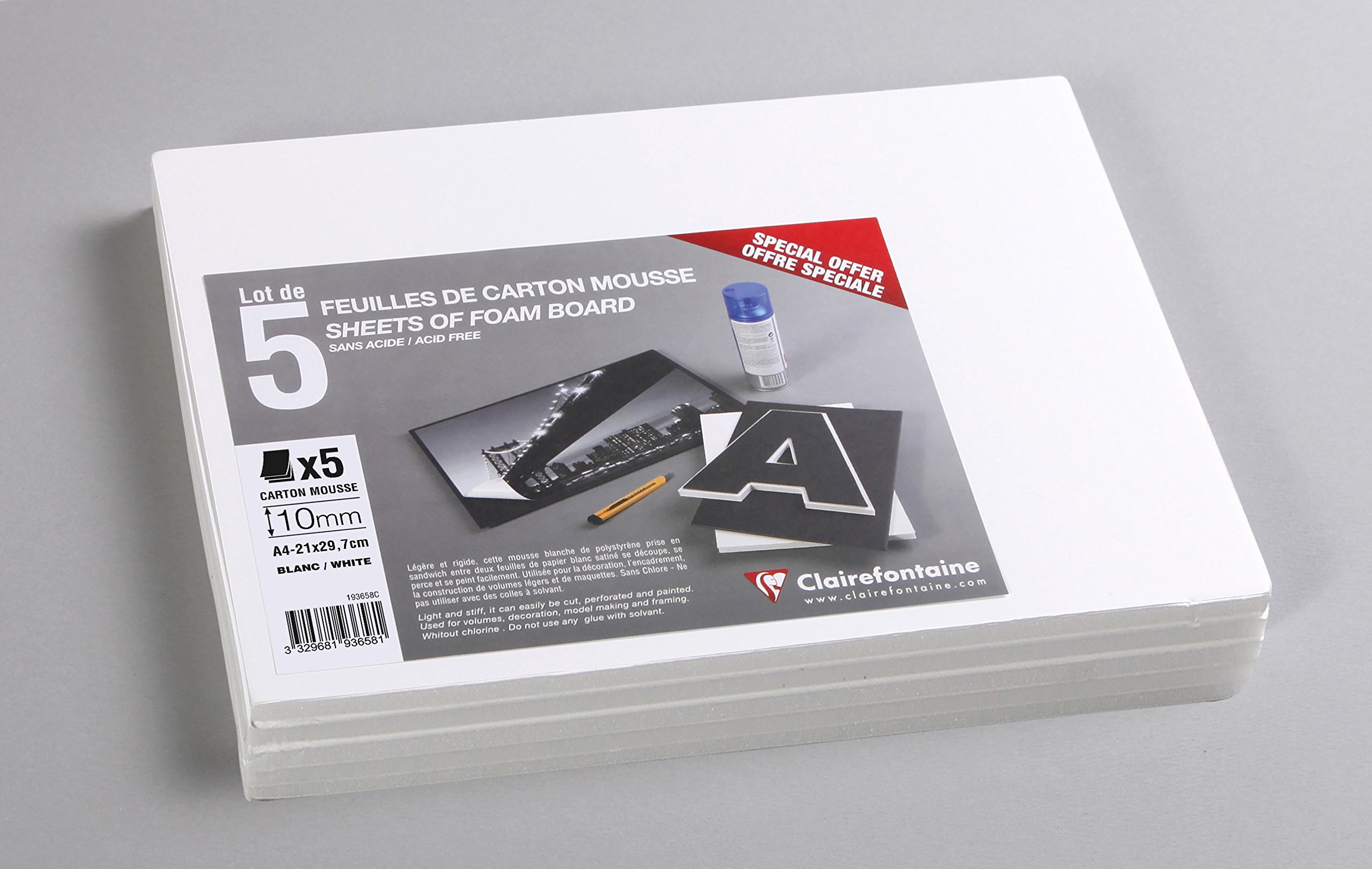 Clairefontaine - Ref 193658C - Foam Board (Pack of 5 Sheets) - A4 (297 x 210mm) in Size, 10mm Thick, Light & Stiff - Suitable for Decoration, Framing & Model-Making