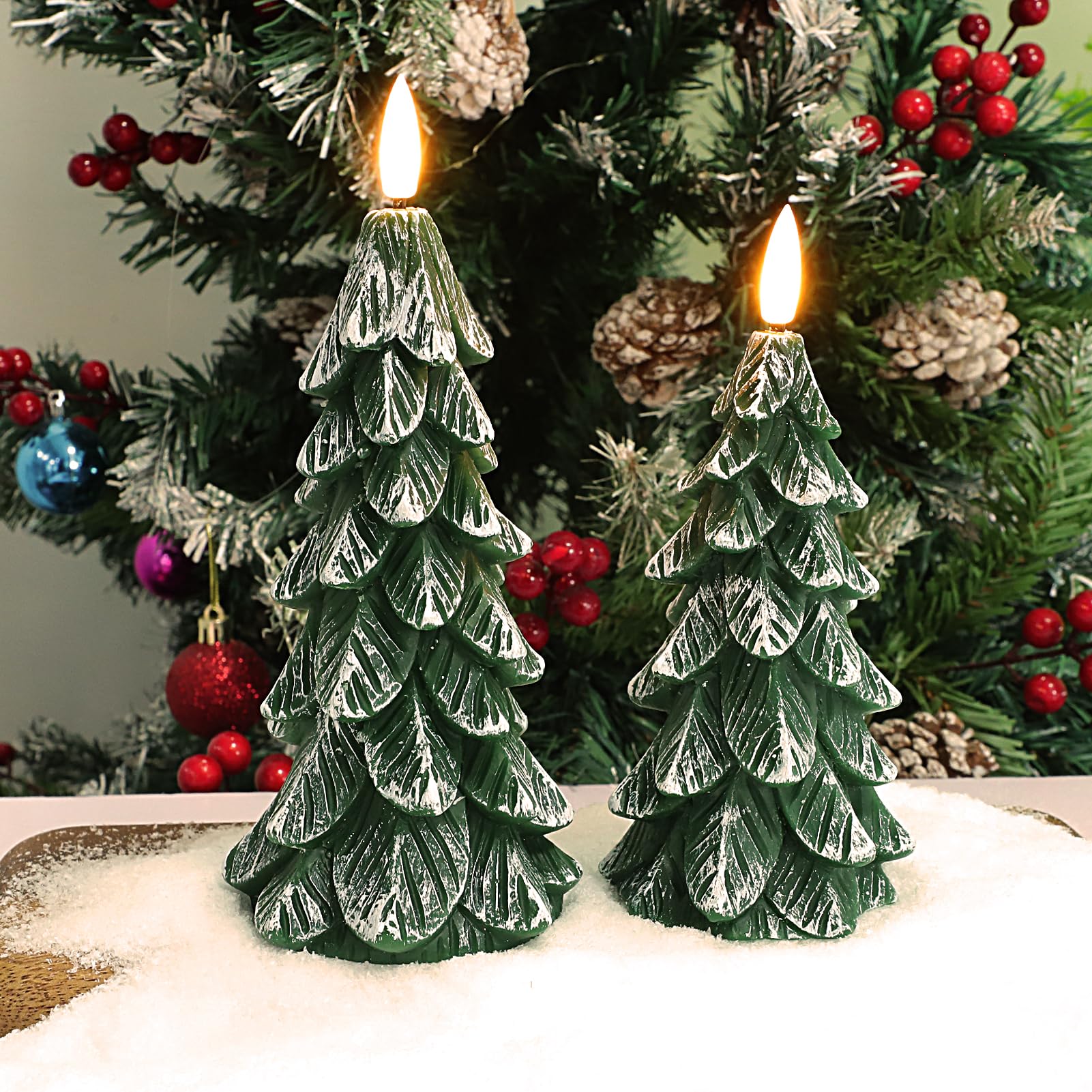 Photo 1 of BUTITNOW 2 Pcs Snowy Tree Flameless Candles, Glittering Christmas Tree Shaped Flickering LED Candles with Timer - Snow-Covered Effect Design- Battery Operated Candlesticks