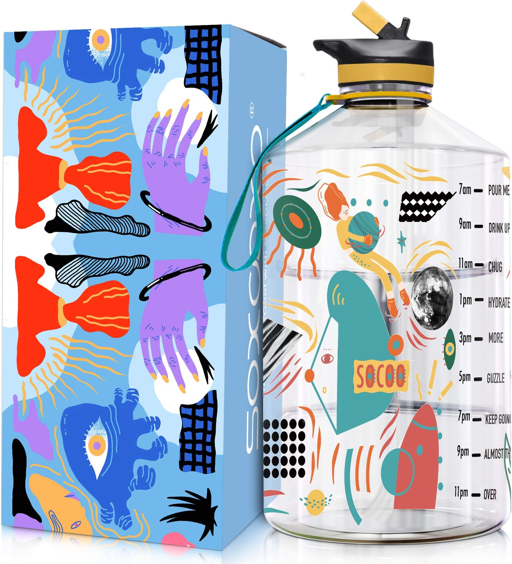 SOXCOXO 1 Gallon Water Bottle with Straw,BPA Free Large Gallon Water Jug with Time Marker,128 OZ Water Bottle for Sport Gym Fitness Outdoor Workout (3D Painting, 128 OZ)