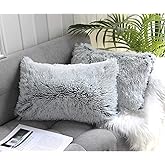 Uhomy 2 Packs Fluffy Accent Pillows Cover 20"x12", Soft Gray Ombre Faux Fur Throw Pillow Case, Modern Luxury Decorative Square Cushion Cover for Farmhouse Home Decor for Sofa/Bed/Chair, 50x30cm