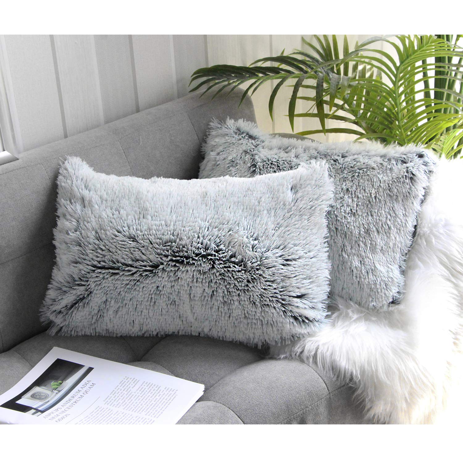 Uhomy 2 Packs Fluffy Plush Pillow Cover 12"x20", Luxury Gray Soft Fuzzy Faux Fur Throw Pillow Cover Cushion Case for Sofa Bed, Fall Winter Home Decorative Gray Ombre 30x50 cm Two Sides Fur