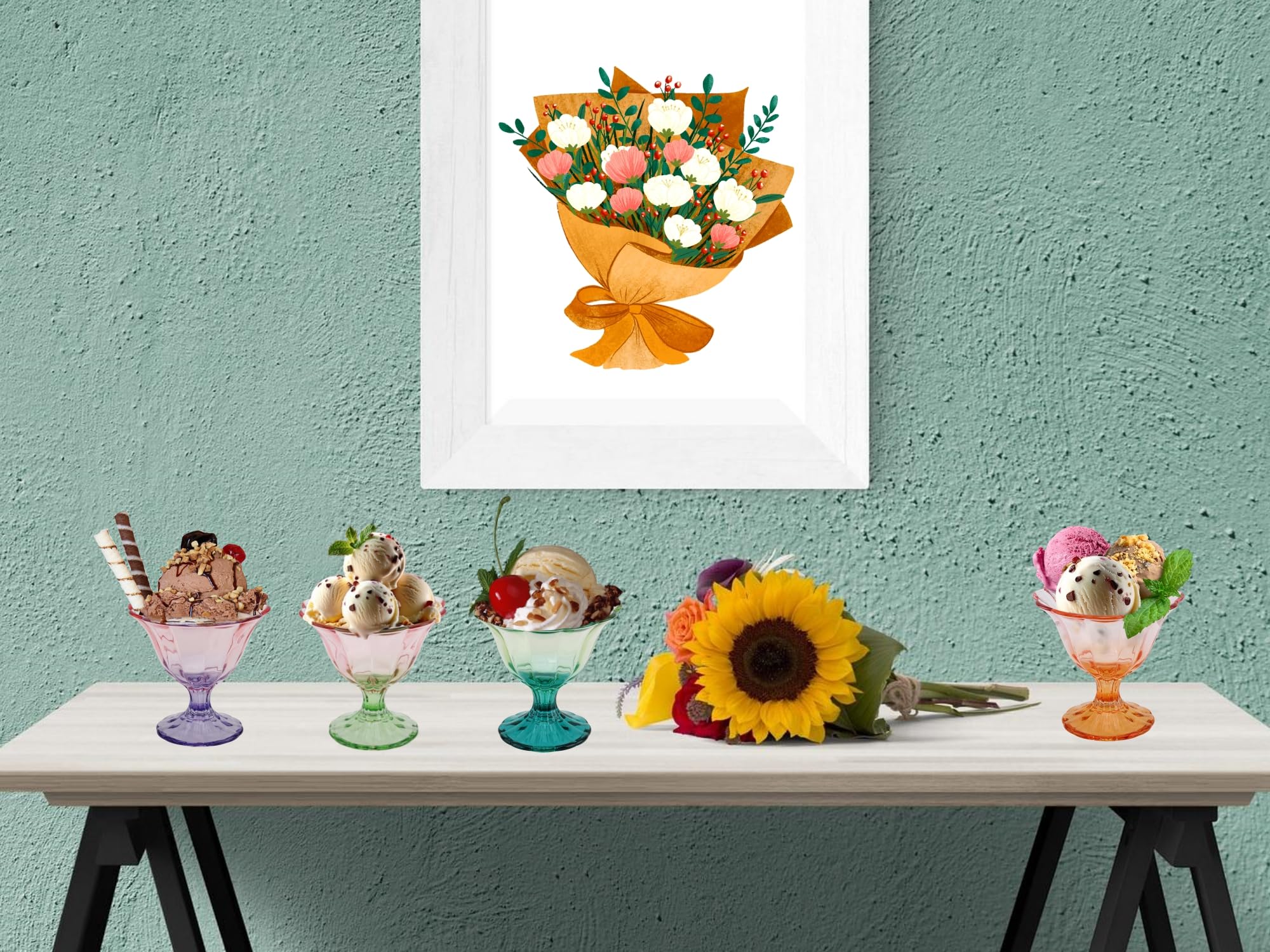 Glass Dessert Bowls 10 Oz Set of 4 Ice Cream Cups Footed Bowl Green Clear Drinking Cup for Sundae, Dessert, Candy, Fruit, Ice Cream, Snack Pudding