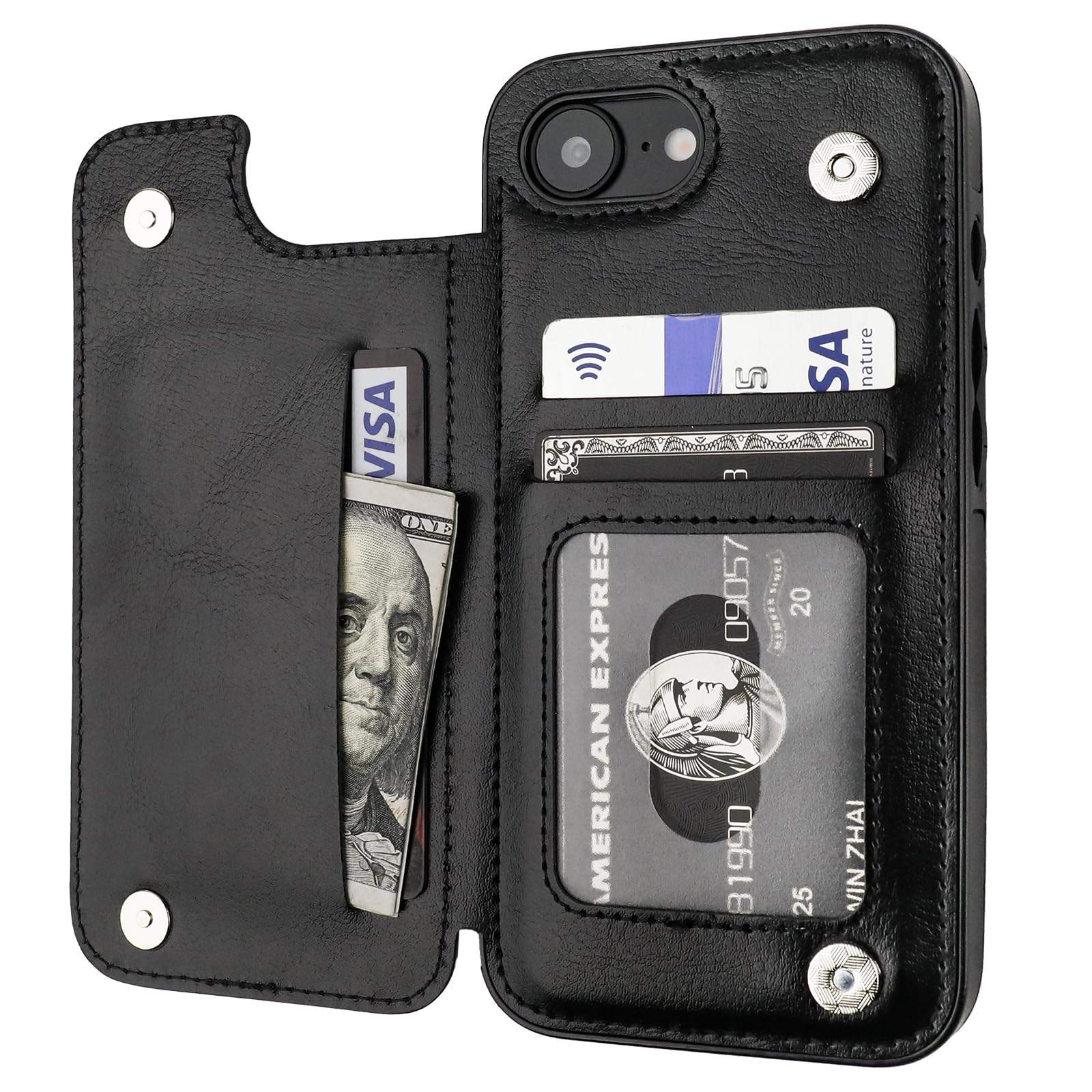 ONETOP Compatible with iPhone 17e/16e Wallet Case with Card Holder, PU Leather Kickstand Card Slots Case, Double Magnetic Clasp and Durable Shockproof Cover 6.1 Inch (Black)