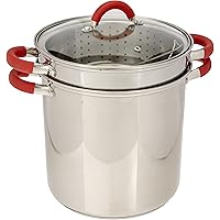 ExcelSteel 12 Qt Multifunction Stainless Steel Pasta Cooker with Encapsulated Base, Vented Glass Lid, and Riveted…