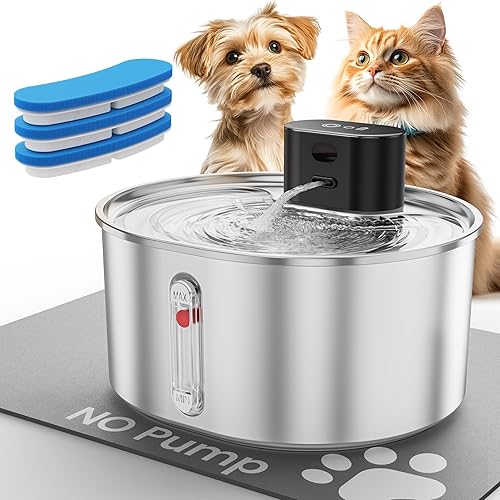 Virtulance No Pump Cat Water Fountain with 3 Filter - 3.2l/108oz Stainless Steel Pet Water Fountain, Cordless Automatic Dispenser, Ultra Quiet