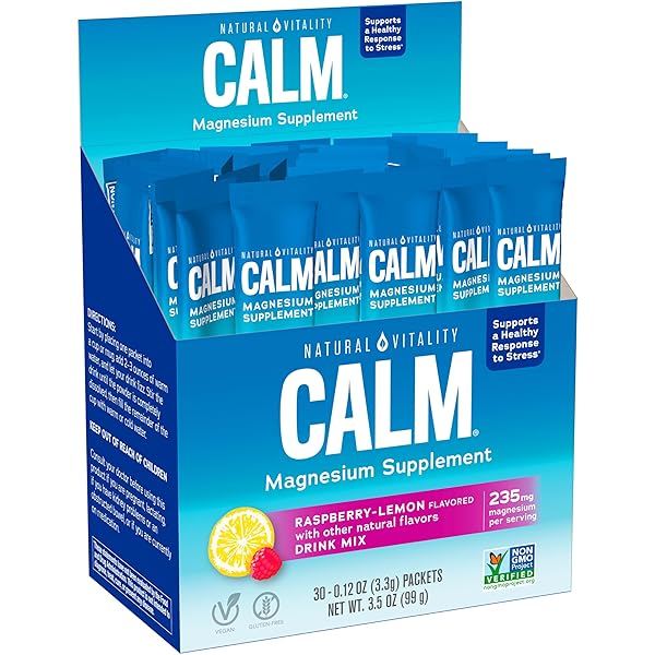 NATURAL VITALITY CALM, MAGNESIUM CITRATE SUPPLEMENT, ANTI-STRESS DRINK MIX POWDER – GLUTEN FREE, VEGAN, & NON-GMO, RASPBERRY LEMON, 0.12 OZ, 30 PACKETS