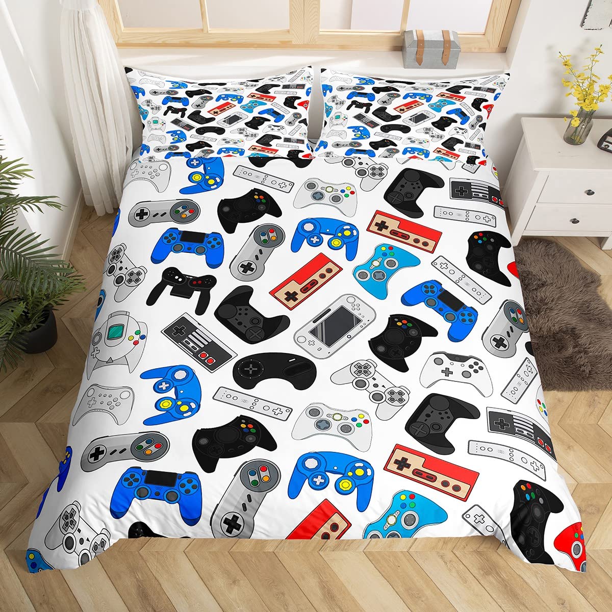 richhome Gamer Room Duvet Cover King Size, Young Man Game Console Room Decor Bedspread with 2 Pillowcase for Teens Adults, Breathable 3 Pieces Decorative Bed Cover,Grey White