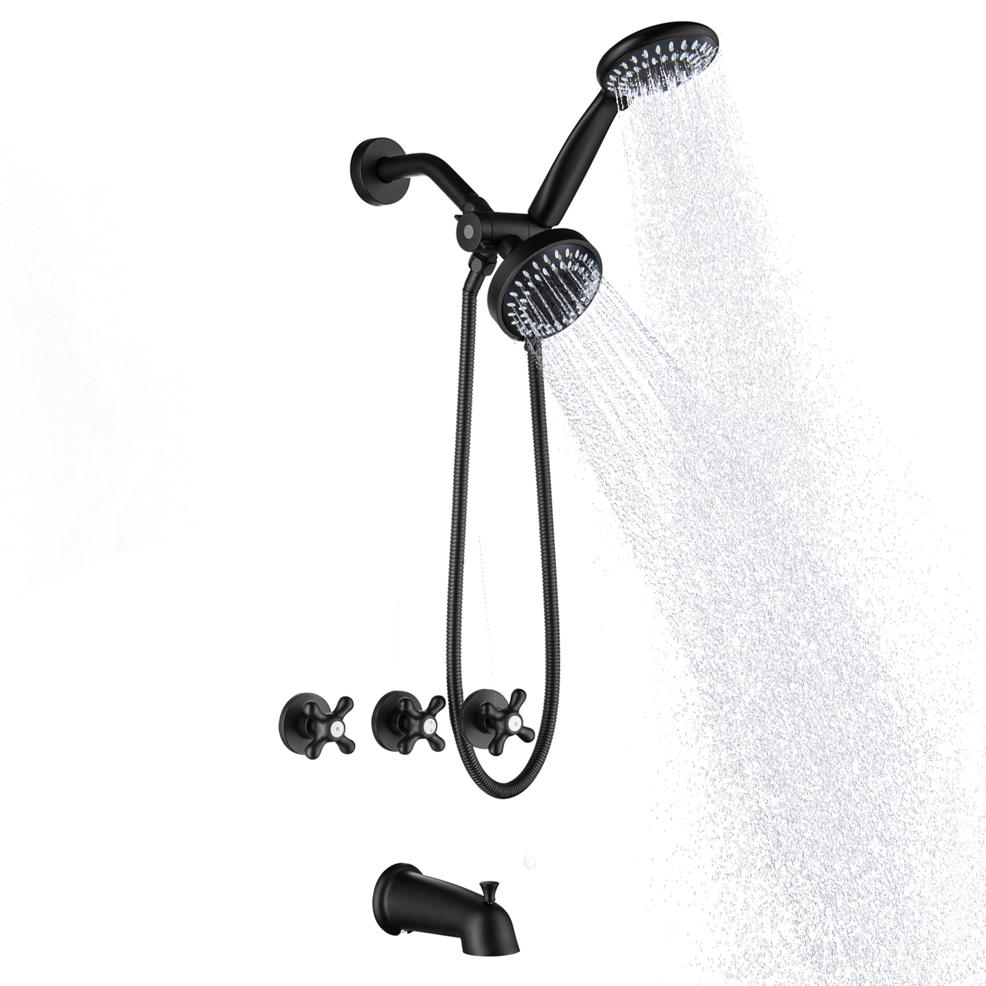 Photo 1 of BEIYI Matte Black 3 Handle Tub and Shower Faucet Set, Three Handle Shower Faucet with Tub Spout 3 Knob Bathtub Faucet Trim Kit with Valve
