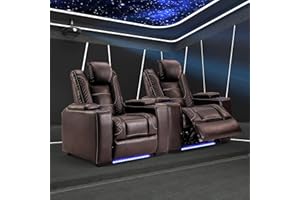 ANJ Power Home Theater Seating Recliner Chairs Set of 2, PU Leather Recliner with Cup Holder, Electric Movie Theater Reclining Chairs with Adjustable Headrest, LED Lights, Hidden Arm Storage (Brown)
