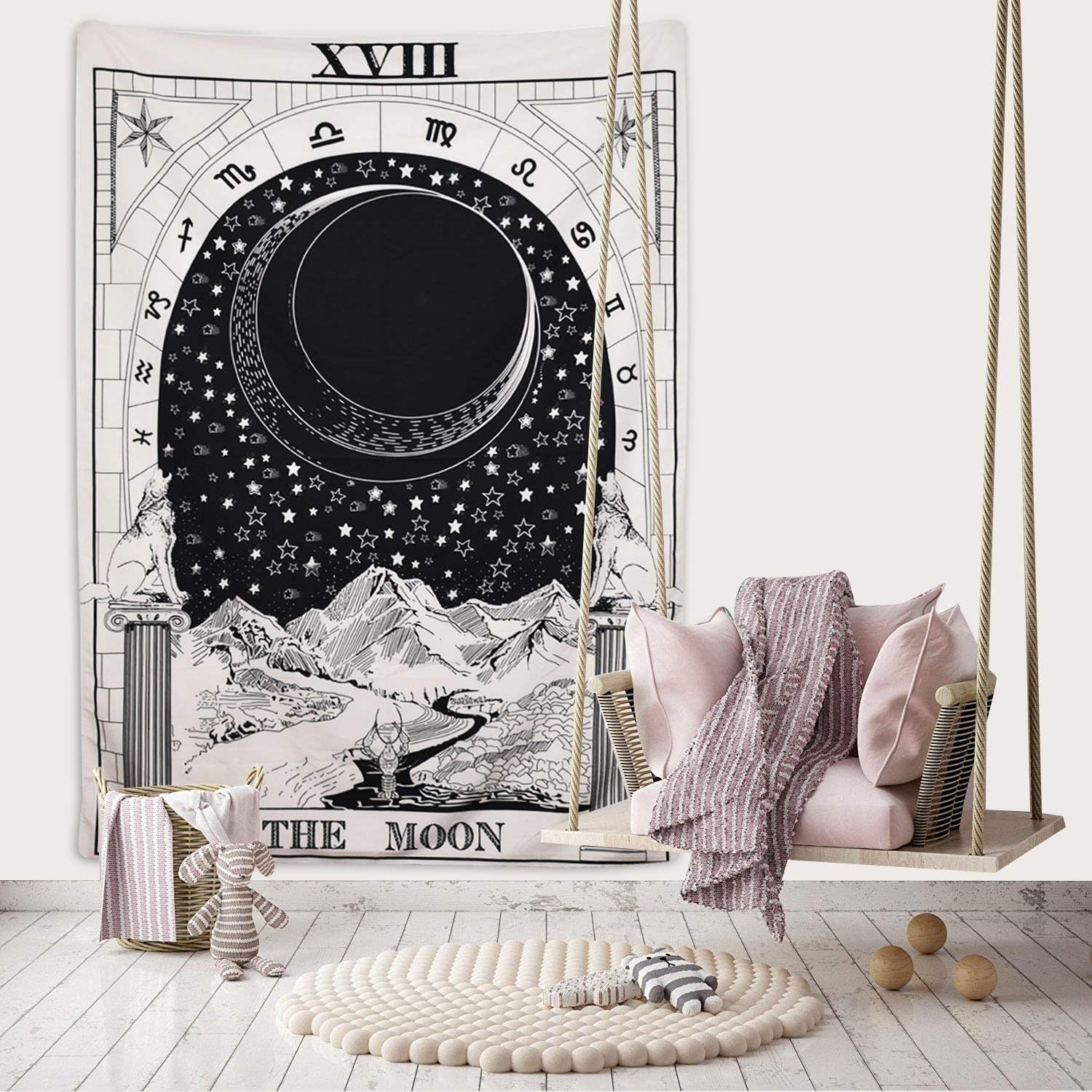 1PC Muses Boutique Tarot Star Tapestry Black and White Wall Hanging Bohemian Hippie Ethnic Wall Art Boho Bedspread Dorm Decor Yoga Mat Beach Rugs Towel Meditation Tapestries (The Moon, 150cmx100cm)