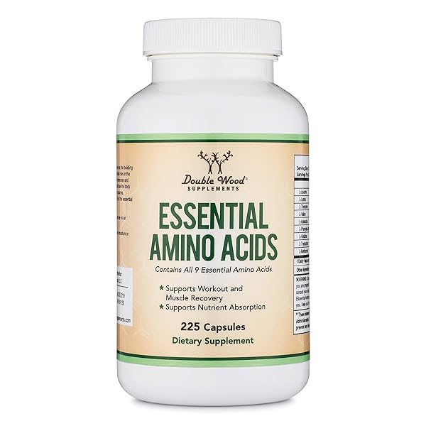 ESSENTIAL AMINO ACIDS – 1 GRAM PER SERVING POWDER BLEND OF ALL 9 ESSENTIAL AMINOS (EAA) AND ALL BRANCHED-CHAIN AMINOS (BCAAS) (LEUCINE, ISOLEUCINE, VALINE) 225 CAPSULES, GLUTEN FREE BY DOUBLE WOOD