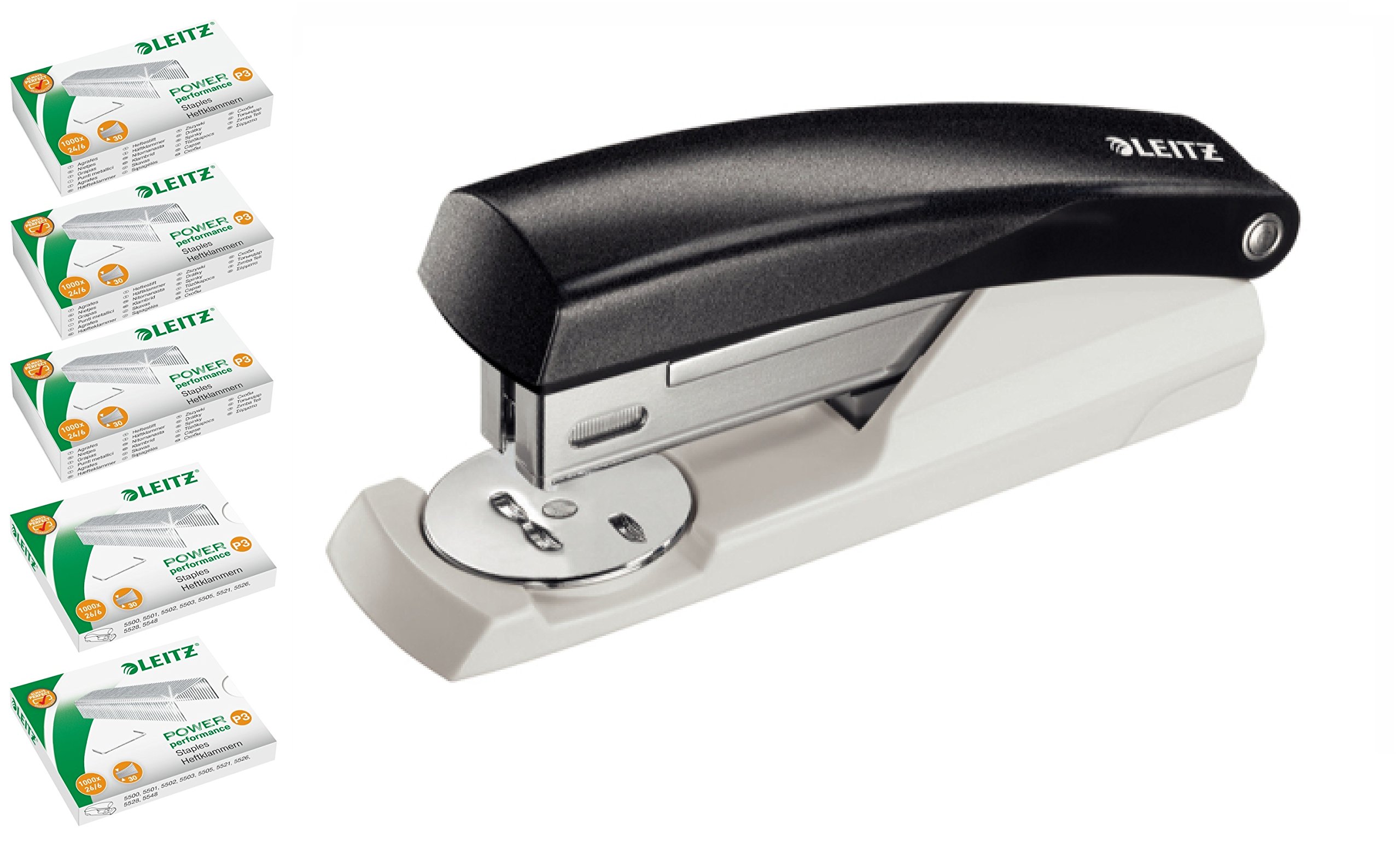 Leitz NeXXt 550100 Office Stapler Small 25-Sheet Strength Includes Klammen in 5 Pack of 1000), Black, mit Extra Heftklammern