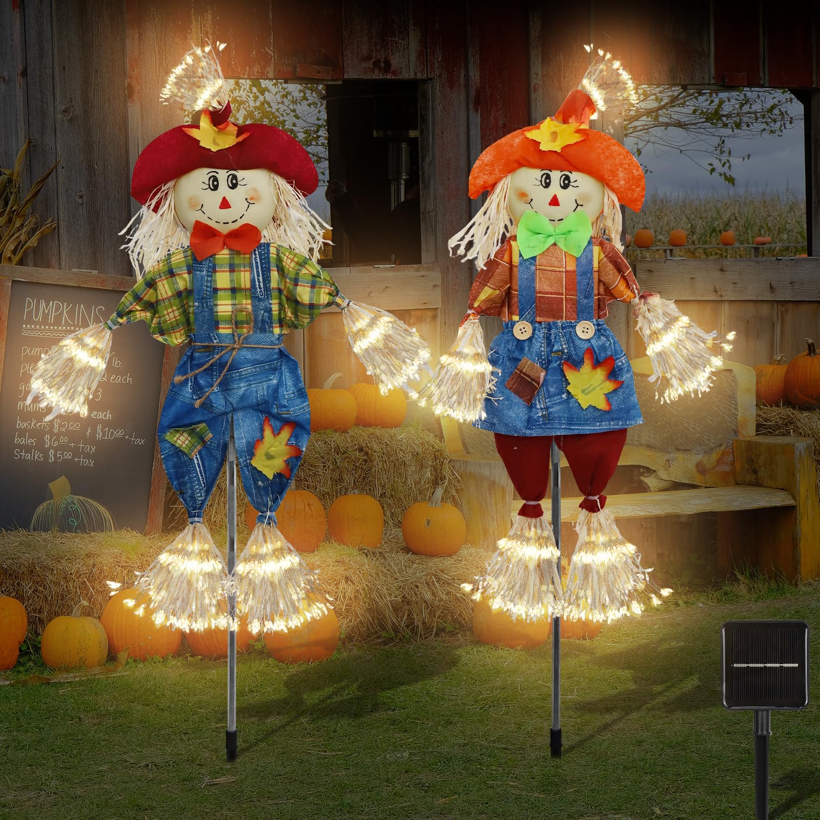 Photo 1 of (USED/FAIR) Kenburg 2 Pcs Fall Scarecrow Decor for Outdoor, Thanksgiving with Firework Lamp for Autumn Harvest, Solar Powered Halloween Outdoor Lights, Birds Away Porch Yard Home Decor - 33 Inch