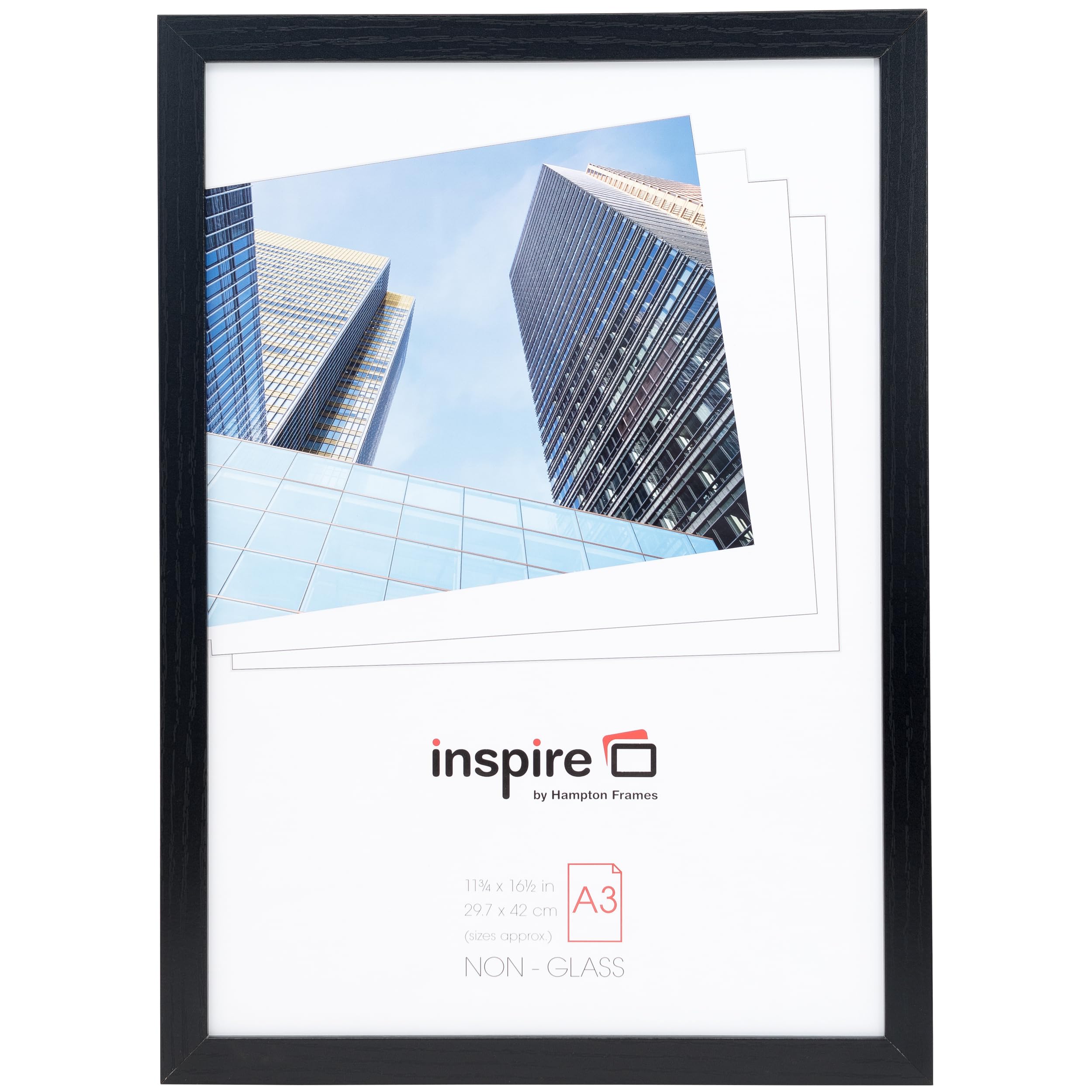 Hampton Frames | Poster Frame | A3 (30x42cm), Black, Rectangular, Wood Effect MDF, Acrylic Front | Lightweight, Wall Mount, Portrait or Landscape | For Photos, Prints, Artwork Display