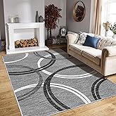 YUFANUHO Modern Grey Area Rugs for Living Room, 4x6 Feet Soft Faux Wool Carpet with Abstract Circles Line Design for Bedroom, Machine Washable Non-Slip Wool Rugs 4'x6', Grey/Black/White