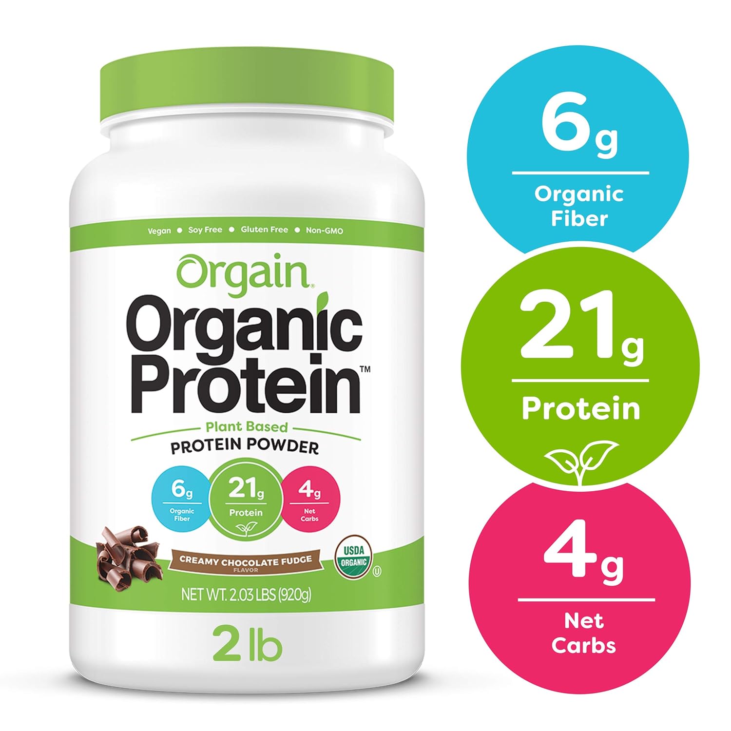 Orgain Organic Plant Based Protein Powder, Creamy Chocolate Fudge - Vegan, Low Net Carbs, Non Dairy, Gluten Free, Lactose Free, No Sugar Added, Soy Free, Kosher, 2.03 Pound (Packaging May Vary): Prime Pantry